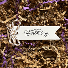 Load image into Gallery viewer, Gift box with brown and purple paper shreds and a 'Happy Birthday' tag.