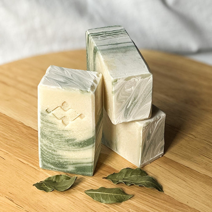 Bay Leaf & Chlorophyll Soap ‚ square thumbnail view of natural green artisan soap with botanical swirls and bay leaves.