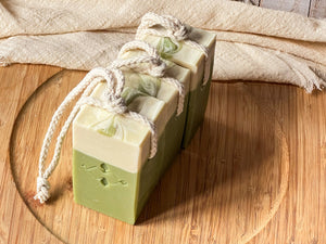 Multiple matcha latte soap bars with cotton ropes, handcrafted with real matcha and plant oils. Artisan cold process soap in small batches.